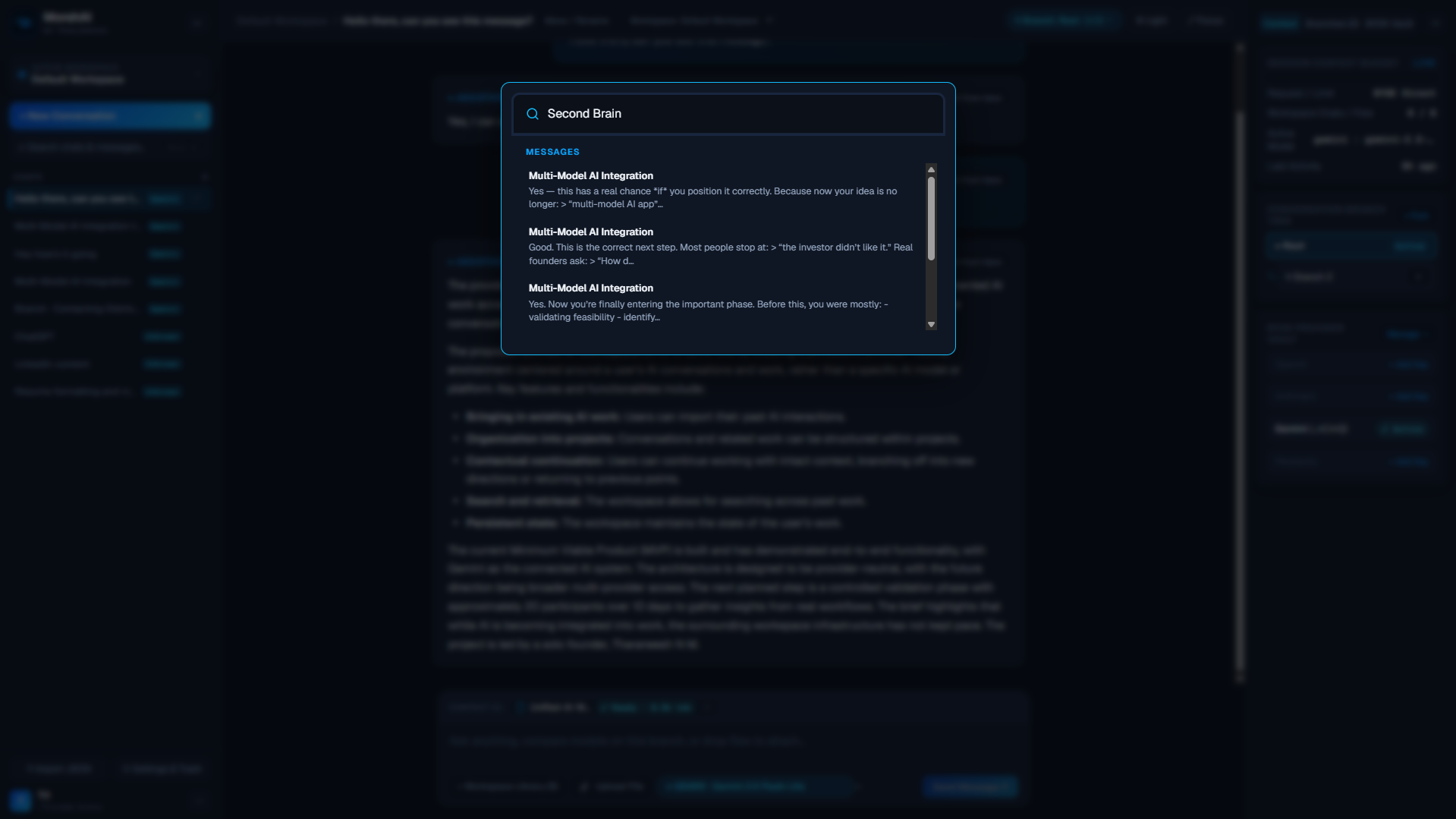 MorshAI Ctrl+K keyword search modal finding matching messages across workspaces